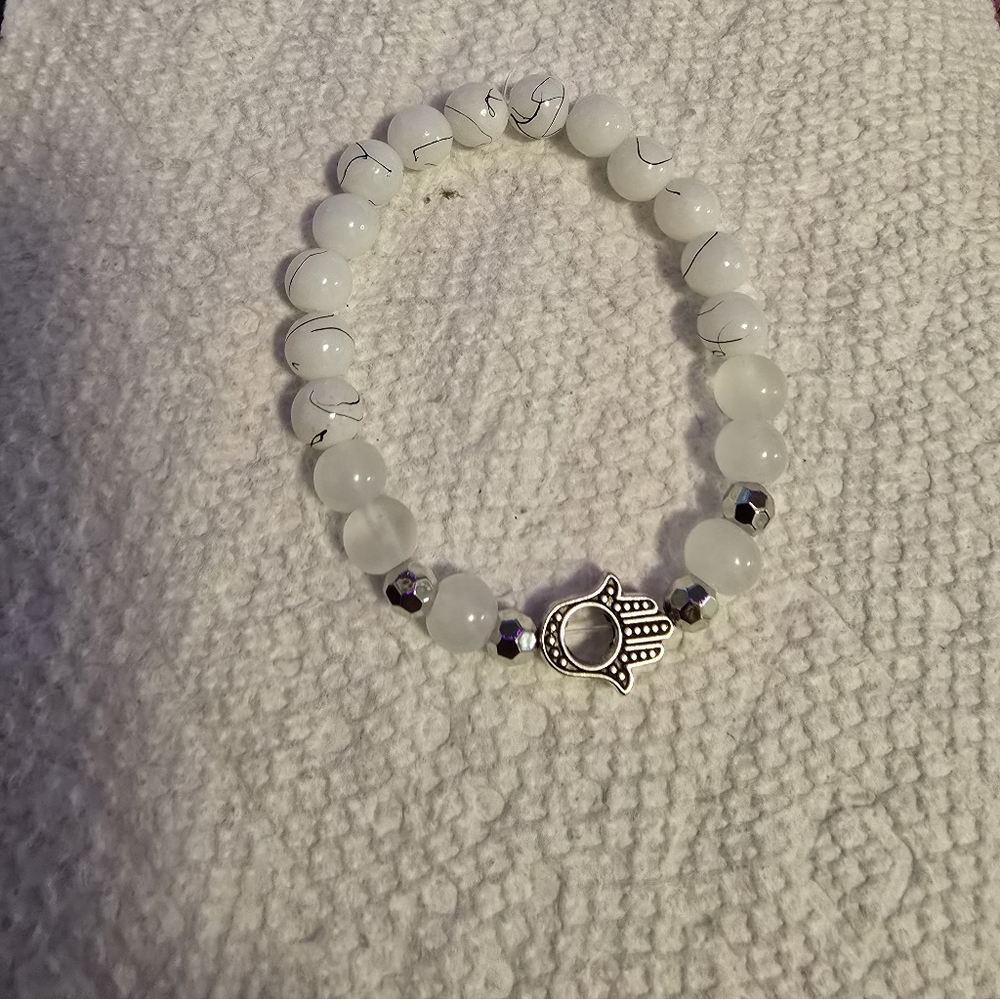 White Beaded Hamsa Stretch Bracelet